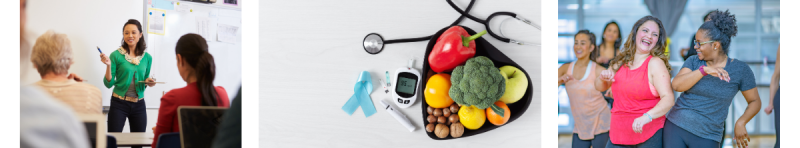 woman teaching class; bowl of vegetables and stethoscope; 2 woman dancing