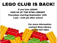 Etna Library Lego Club Thursdays from 3 to 4 30 p m starting September 18 