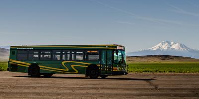 STAGE bus with Mount Shasta in the Background
