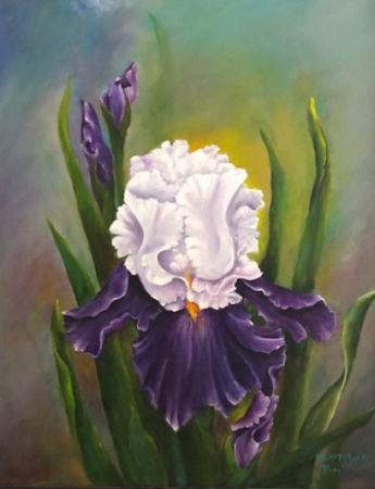 An oil painting of a white and purple flower