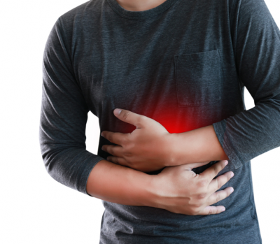 man wrapping his arm around his stomach
