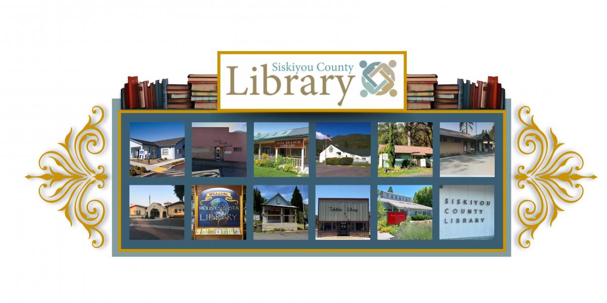 Siskiyou County Library logo four people linking arms with books on either side of the logo. Photos of 12 Branch Libraries