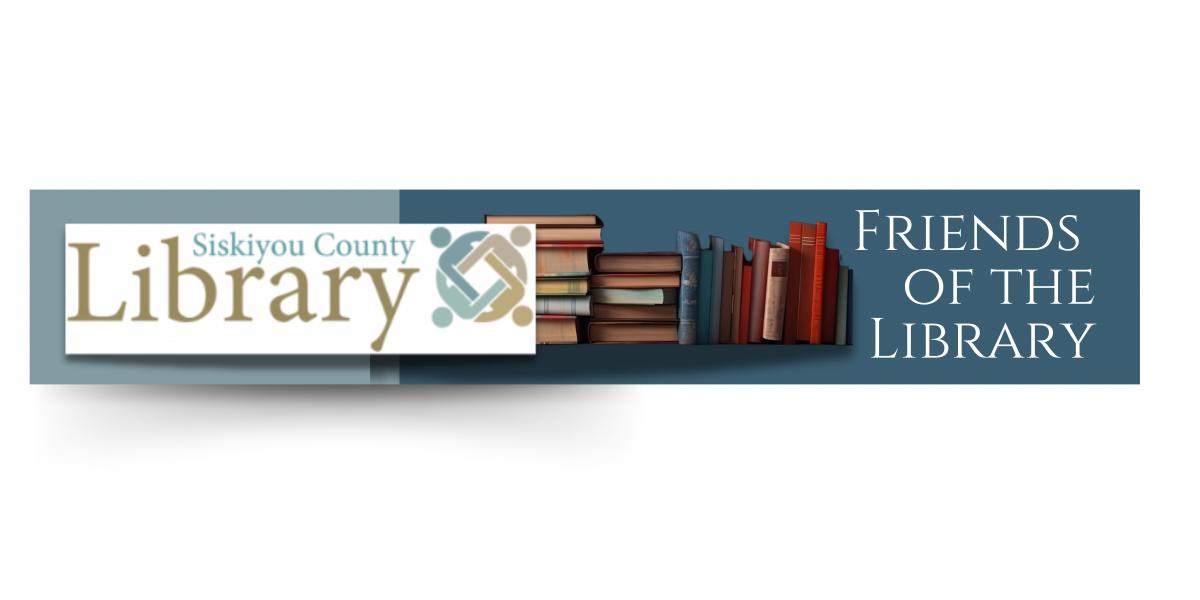 Siskiyou County Library logo with books as a border and Test that says Friends of the Library